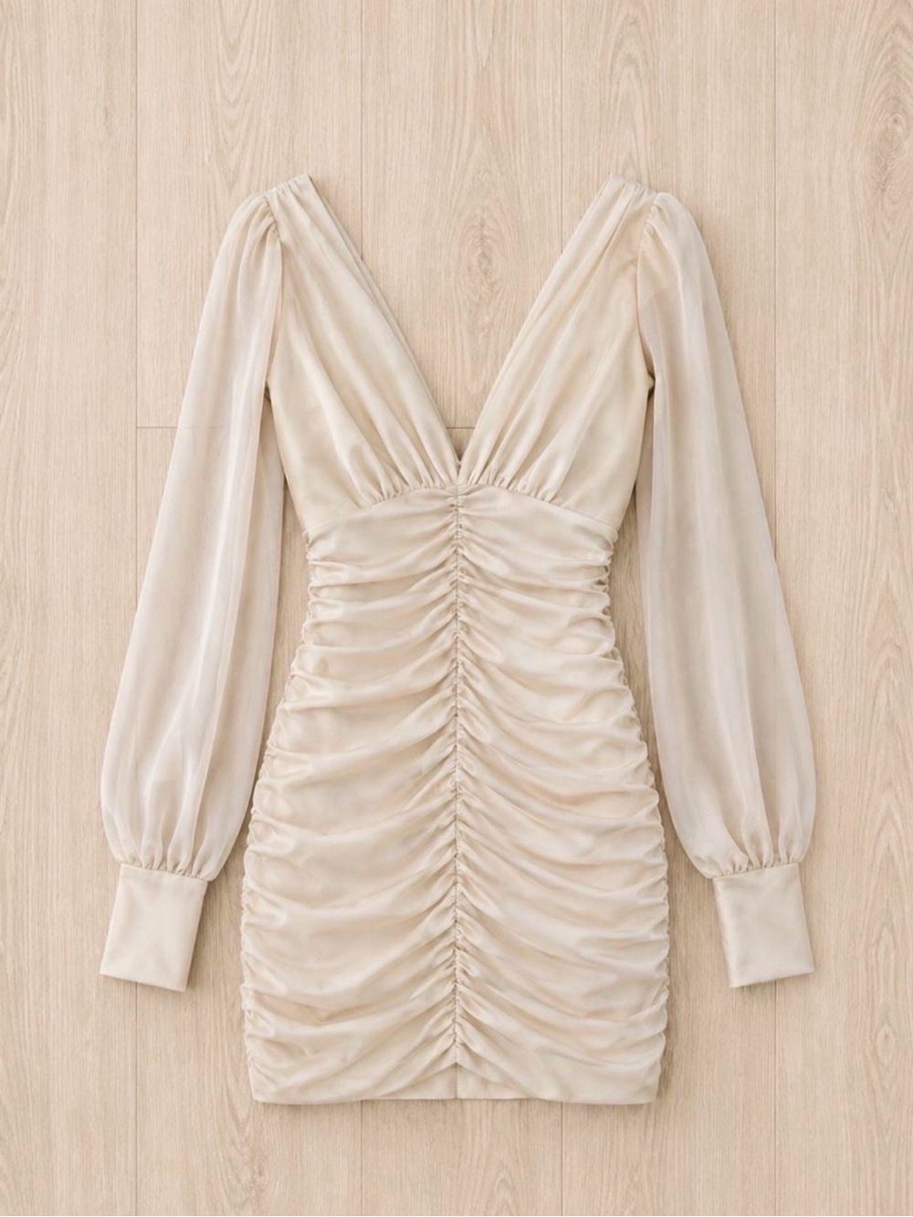 Windsor white Ruched V-Neck Long Sleeve Mini Dress
